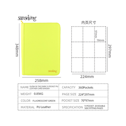 [Neon Yellow/Green] 9 Pocket  PU Zipper Card Binder